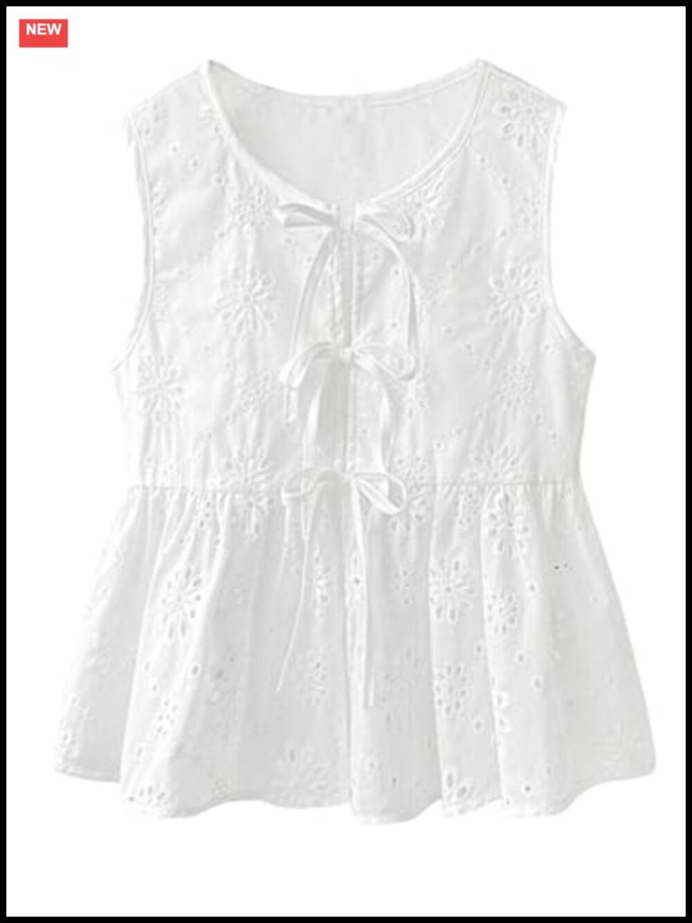 Women Bow Tie Front Tank Top Eyelet Embroidery Sleeveless Babydoll Peplum
